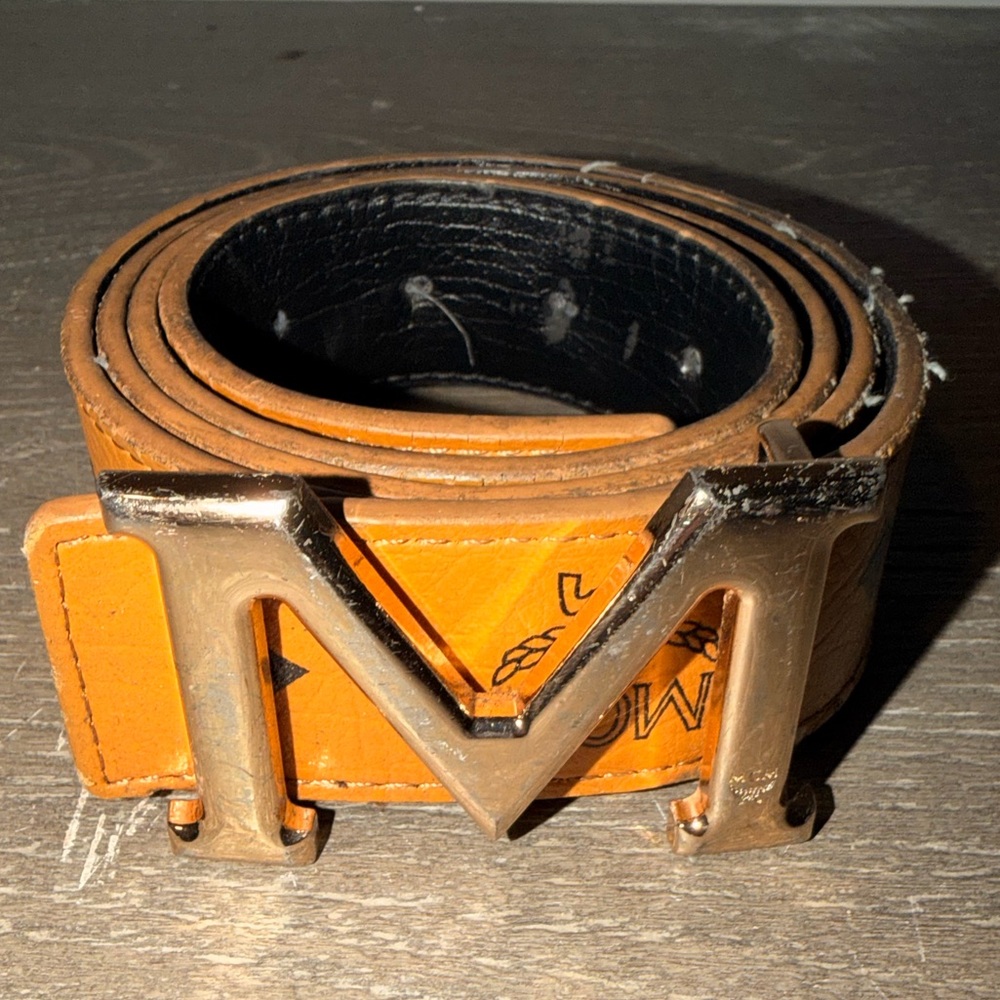 MCM Leather Belt with Gold M Buckle